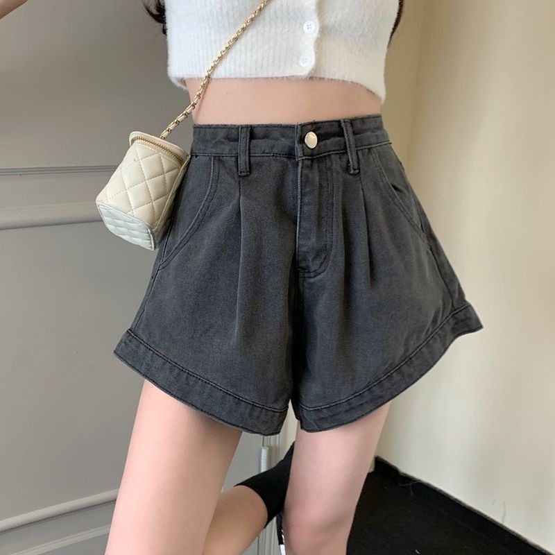 Quần Short Denim Ống Rộng Lưng Cao Màu Đen