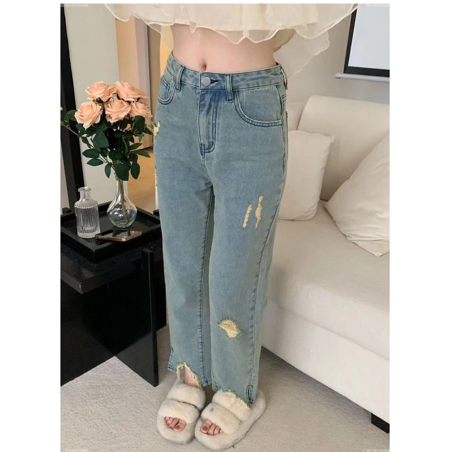 Quần jeans Nữ Lưng Cao Xẻ Tà Phong Cách Hàn Quốc