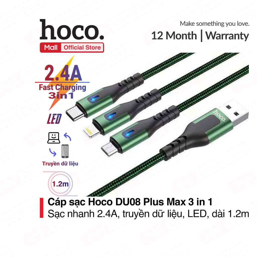 Cáp sạc 3 in 1 Hoco DU08 Plus sạc 2.4A, có đèn LED, USB dành cho Smartphone/Android/Ip10/11/12 dài 1.2m