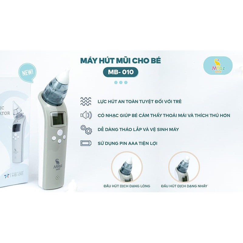Máy Hút Mũi Điện Tử Cho Bé MOAZ BÉBÉ MB-010 Thiết Kế Nhỏ Gọn, Dễ Thao Tác, Chất Liệu Nhựa Và Silicon An toàn