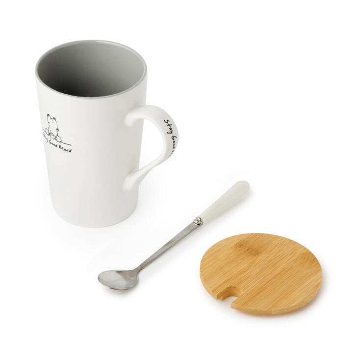 Cốc Mug Sứ Trắng ARTBOX Hàn Quốc Mặt Trong Màu Xám Có Nắp Kèm Muỗng 440ml