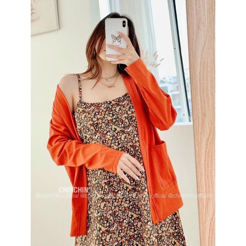 SET ĐẦM 2S SUÔNG HOA NÂU ÁO KHOÁC CARDIGAN CAM KÈM ẢNH THẬT