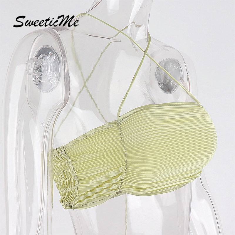 Áo Lửng Hai Dây Màu Trơn Siêu Ngắn Thiết Kế Xếp Ly Thời Trang Mới Cho Nữ | BigBuy360 - bigbuy360.vn