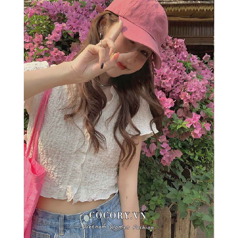 Cocory vn Áo kiểu croptop tay ngắn cổ chữ V cài nút thời trang mùa hè xinh xắn quyến rũ dành cho nữ