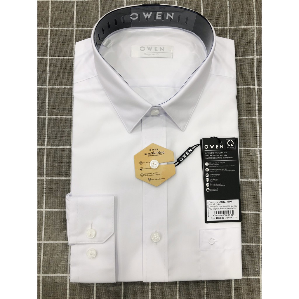 Áo sơ mi trắng owen dài tay có túi regular fit vải sợi sồi AR22752D2