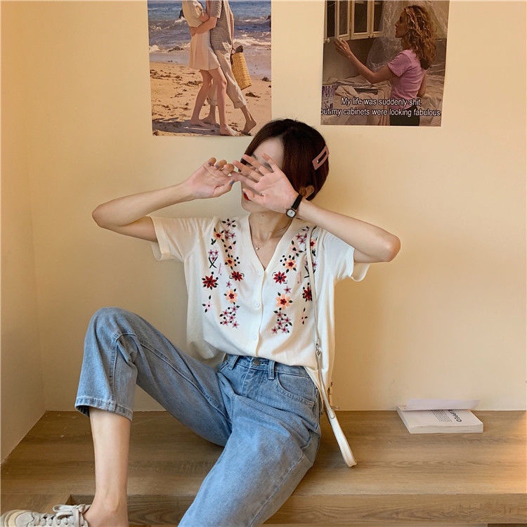 Áo Sweater Dệt Kim Tay Ngắn Thêu Hoa Kiểu Retro Xinh Xắn