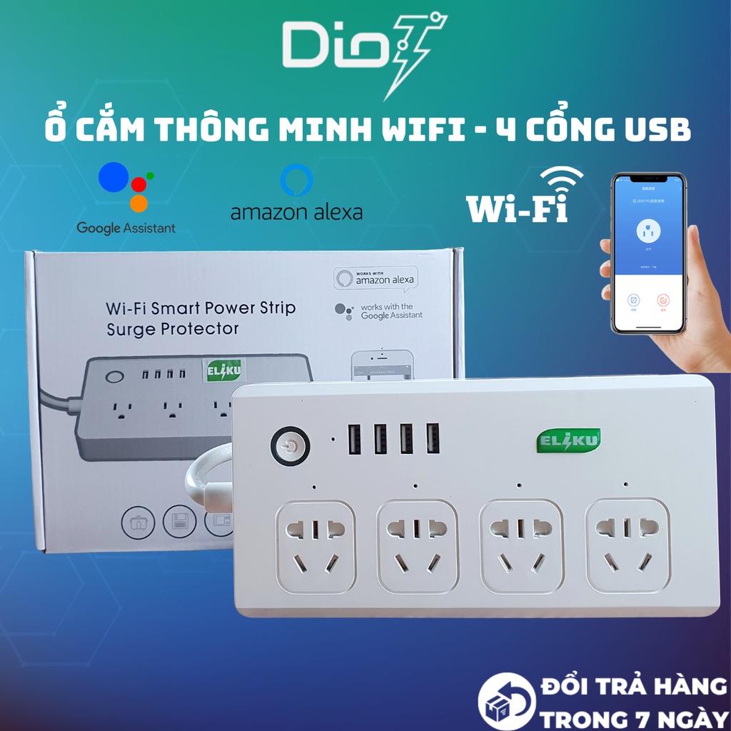 Ổ điện wifi Tuya 4 ổ cắm và USB điều khiển từ xa công suất cao bảo vệ chống cháy Eliku