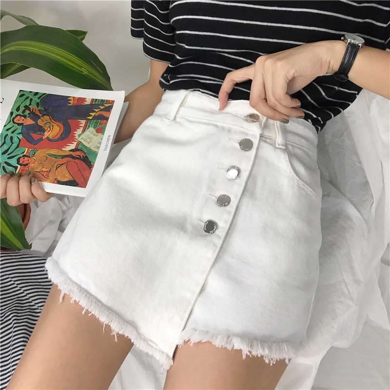 Quần short denim lưng cao phong cách Hàn Quốc cổ điển