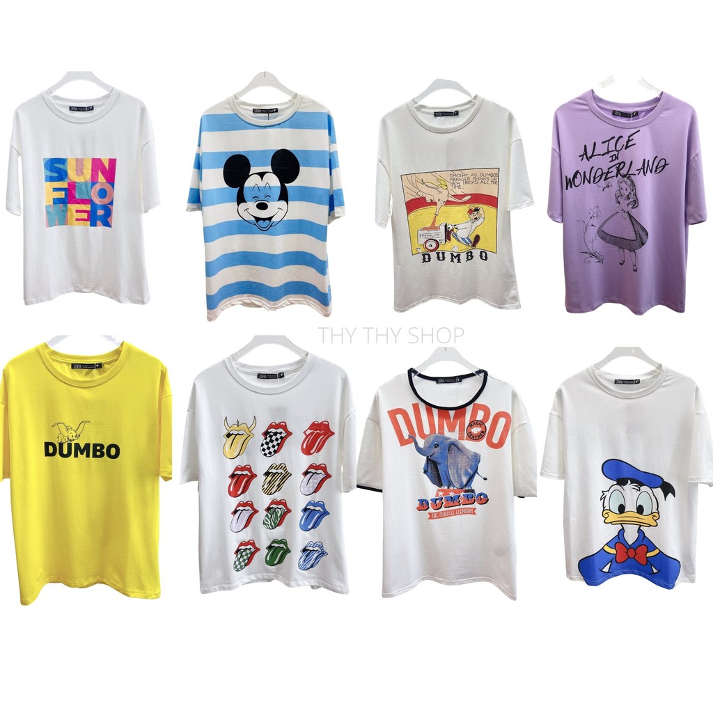 Ảnh thật các mẫu áo phông nữ ngắn tay hàng xuất siêu xinh in hình Alice, chuột Mickey, vịt Donald