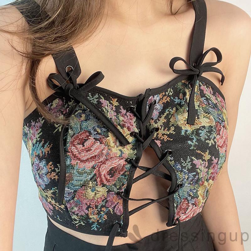 Áo croptop không tay in hoa thời trang mùa hè cho nữ