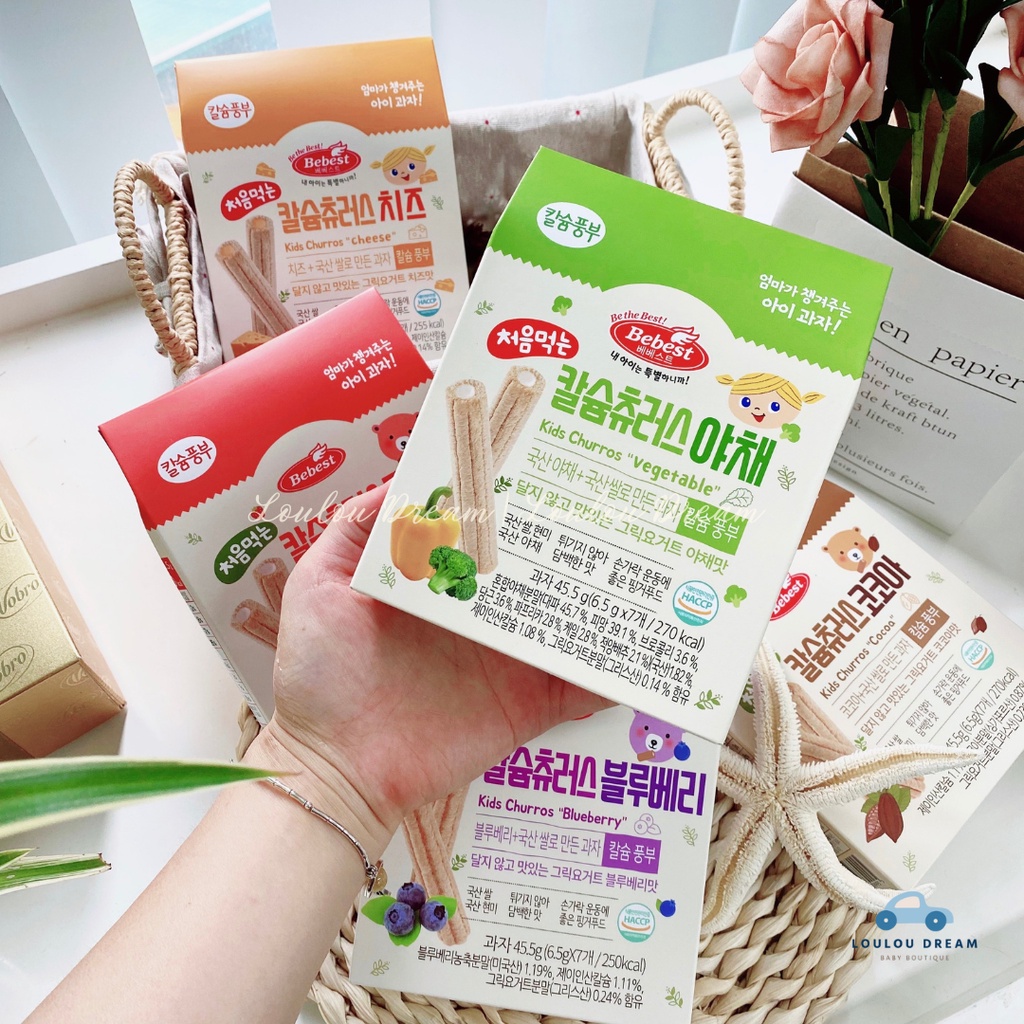 [ĐỦ VỊ] Bánh cuộn kem BEBEST Kids Churros Hàn Quốc gạo lứt bổ sung canxi cho bé 7m+