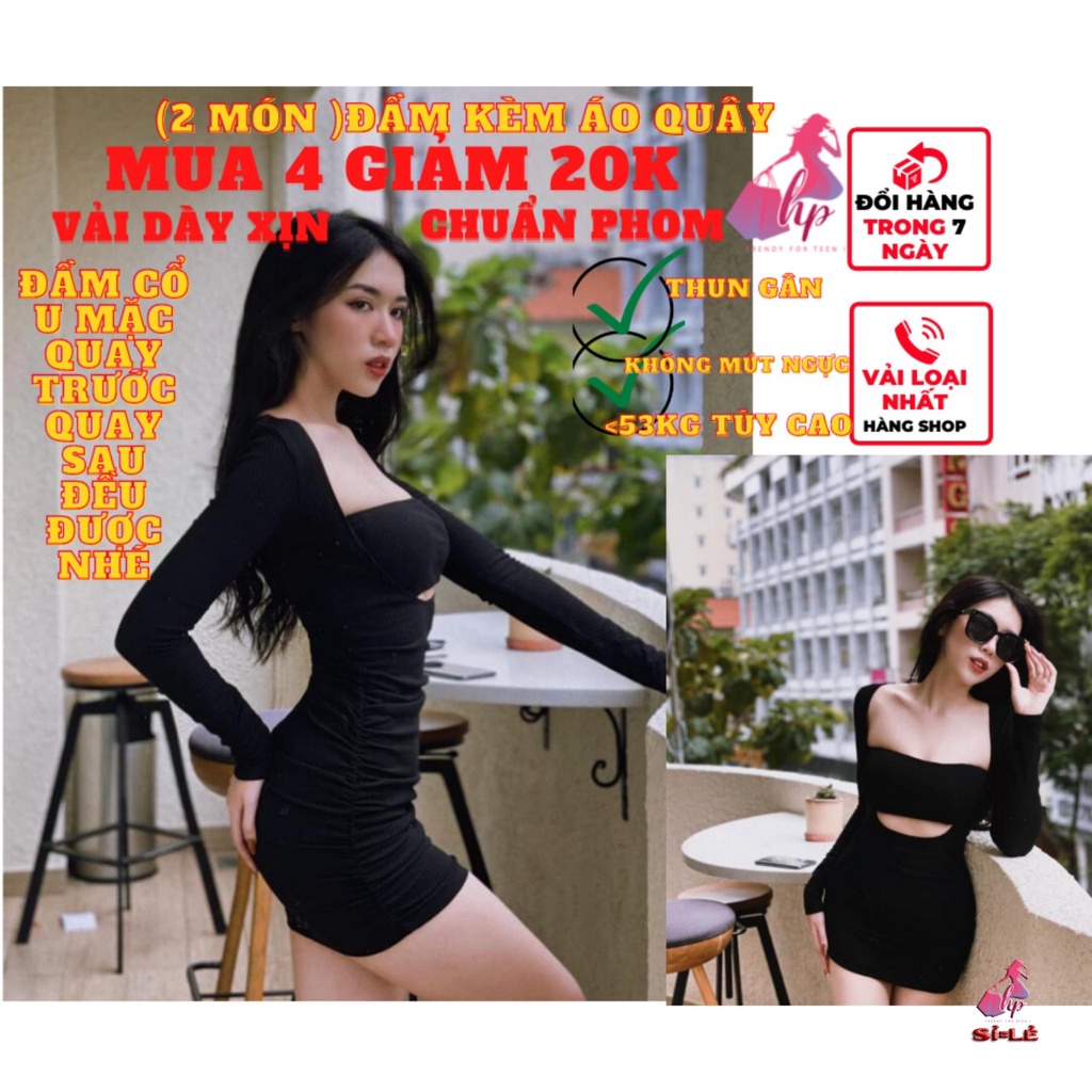 váy đầm om body nữ tay dài mặc 2 kiểu cổ u kèo áo ống quây ngực mẫu mới siêu trẻ trung-VD101