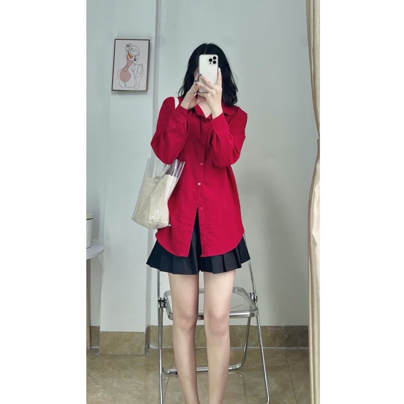 Áo sơ mi đỏ dáng rộng chất liệu đũi