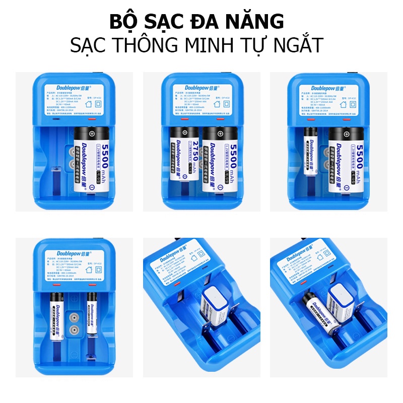 Combo Bộ sạc DP-K32 và 02 viên pin đại D 5500mAh - Bộ sạc pin thông minh tự ngắt báo đèn khi đầy chính hãng Doublepow
