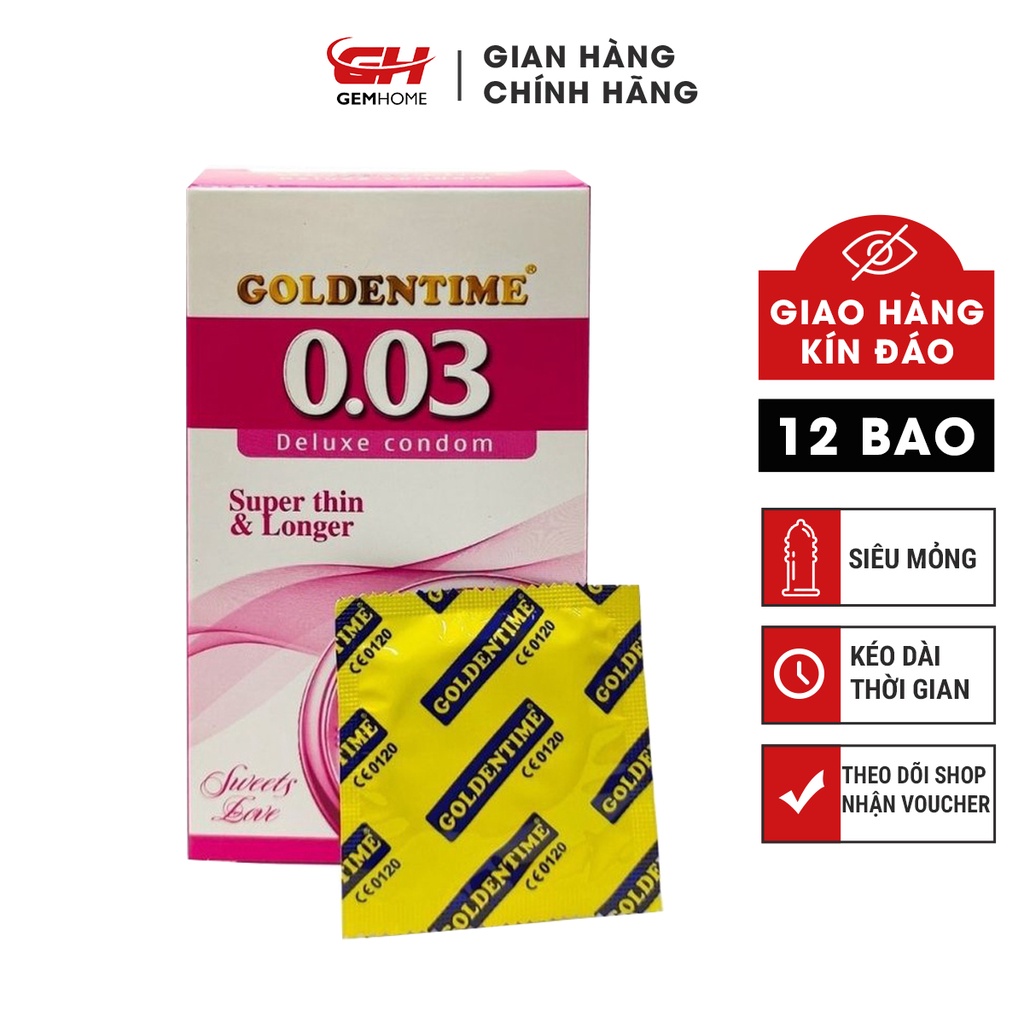 Bao cao su Goldentime 0.03 siêu mỏng chống tuột kéo dài thời gian hộp 12 bao GEMHOME