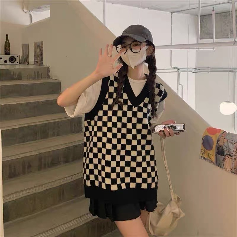 Áo Gile Len Kẻ Caro Kiểu Hàn, Áo Len Nữ Ulzzang Họa Tiết Cá Tính Phong Cách Thời Trang | BigBuy360 - bigbuy360.vn