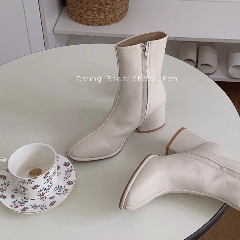 Boot cổ ngắn mũi tròn gót vuông 5p chất da thật