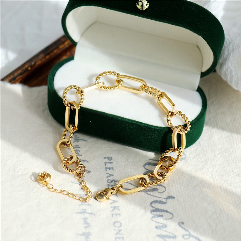 {Wonder-Life} Vòng Tay Dây Xích Bằng Thép Titan Mạ Vàng 18K Phong Cách Retro Hàn Quốc Đơn Giản Cá Tính Dành Cho Nữ
