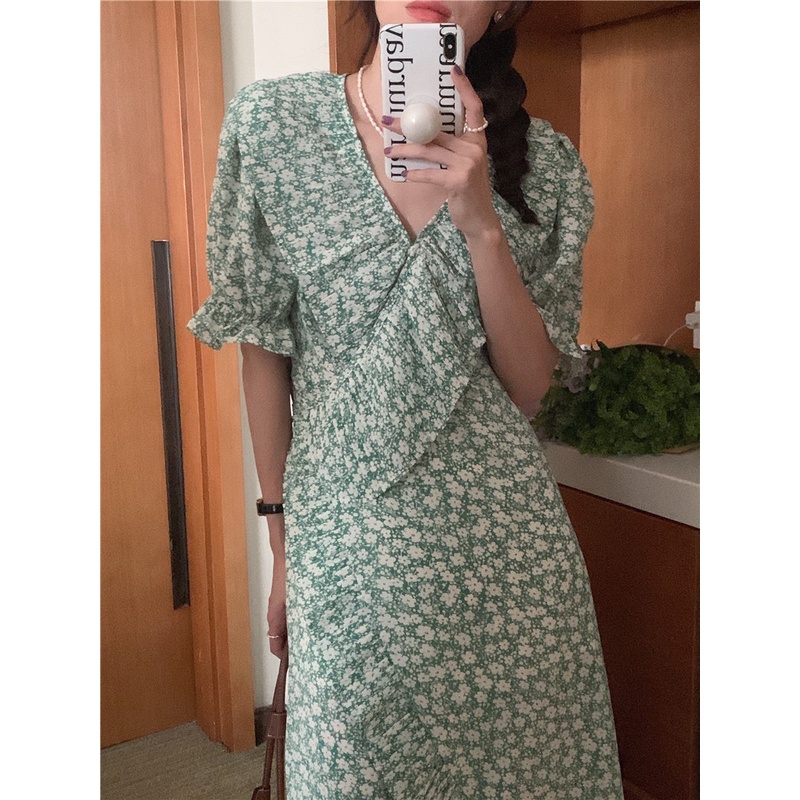 Đầm Hoa Xếp Ly Cột Dây Phong Cách Retro Thời Trang Mùa Hè 51125