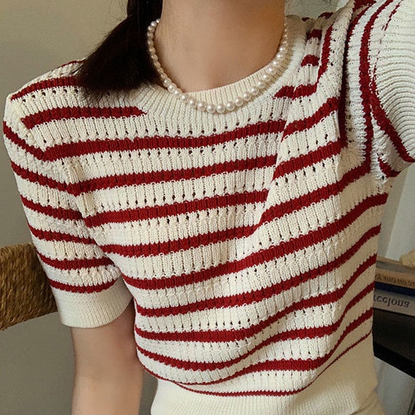 Áo thun BH tay ngắn vải lụa lạnh kẻ sọc thời trang mùa hè 2022 cho nữ