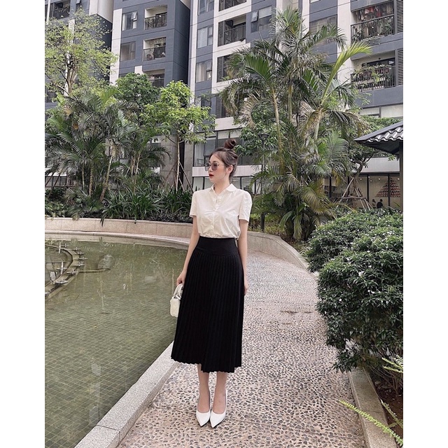 Chân váy xếp ly midi loại xếp nhỏ 2 màu xám và đen thanh lịch