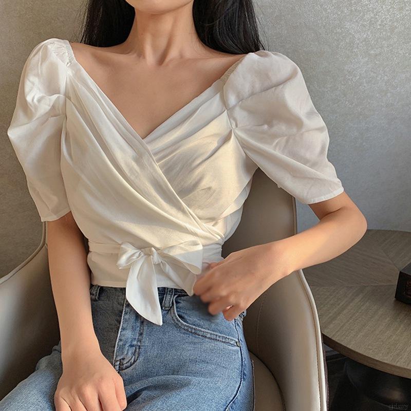 Áo Kiểu Nữ Ngắn Tay Cổ Chữ V Thời Trang Hàn