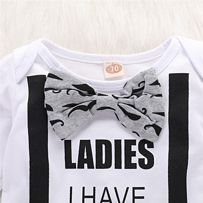 Bộ áo romperMikrdoo  cổ tròn tay dài gắn nơ kèm quần dài và mũ họa tiết dễ thương dành cho bé sơ sinh