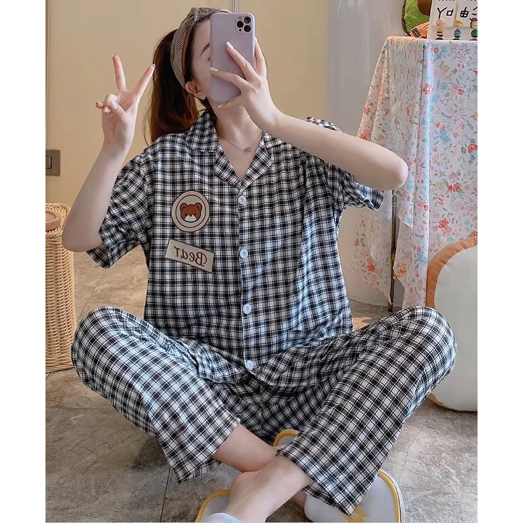 Bộ pijama nữ quần dài TOZZO  kẻ caro mặc đi ngủ ở nhà dễ thương form bigsize 50-62Kg PACQD02