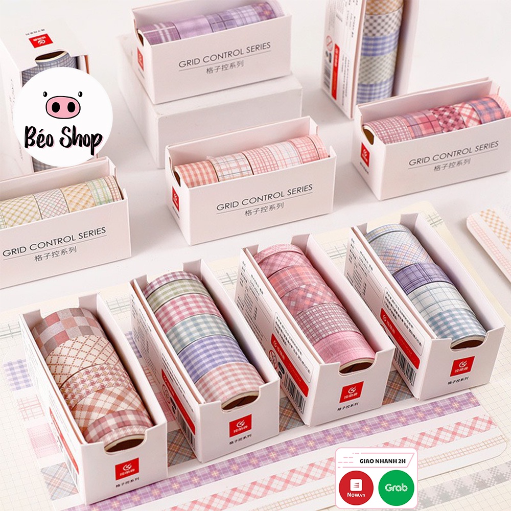 Hộp 6 cuộn washi Béo shop kích thước lớn nhỏ họa tiết miếng dán , băng keo kẻ caro nhiều màu dễ thương W01