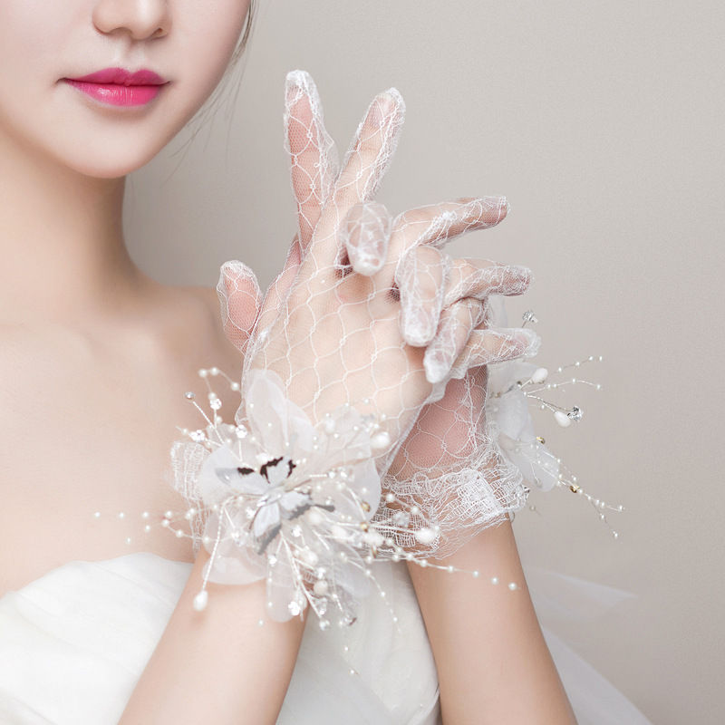 Găng tay cô dâu phối ren đính nơ xinh xắn thời trang
