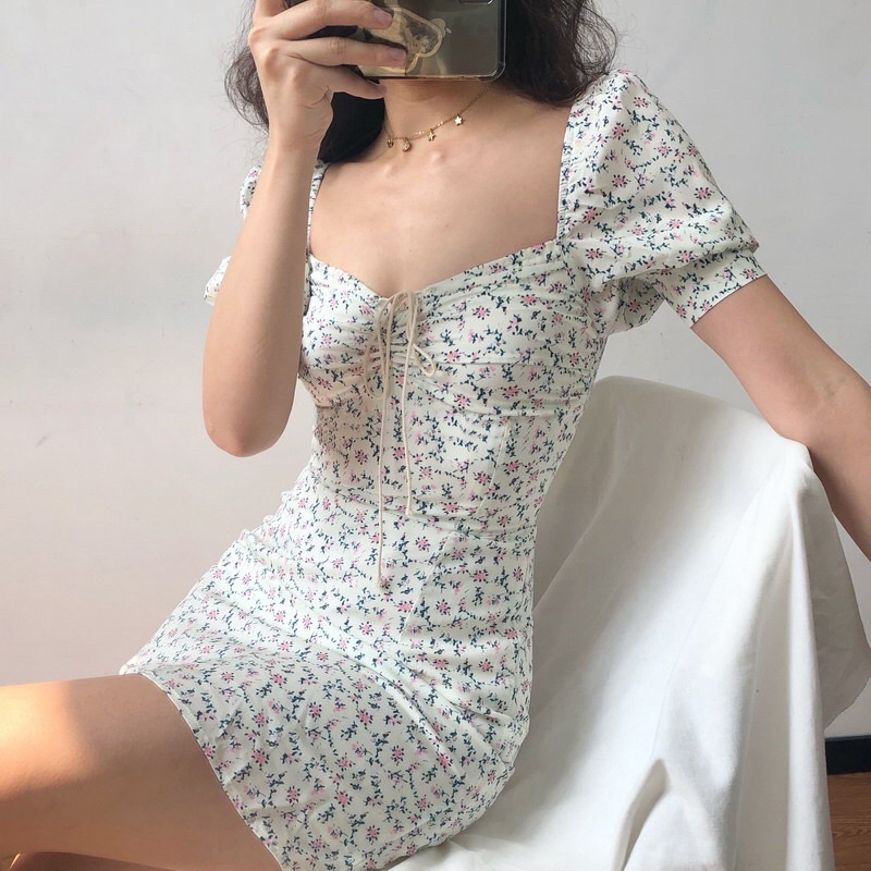 Đầm váy cổ vuông ôm body hoa nhí xinh xắn