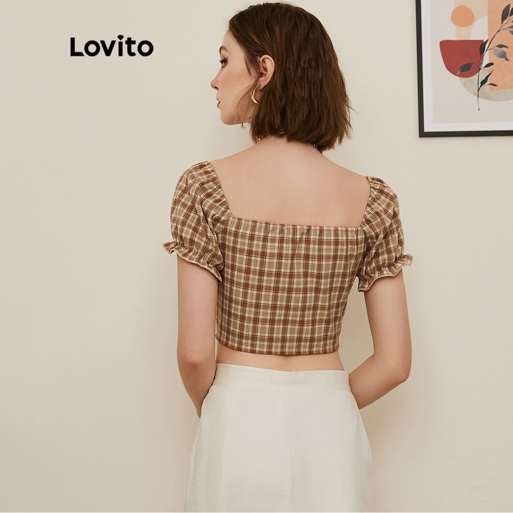 Áo Lovito dáng ngắn tay phồng ngắn vải gingham phong cách Preppy L19D014 (màu kaki)