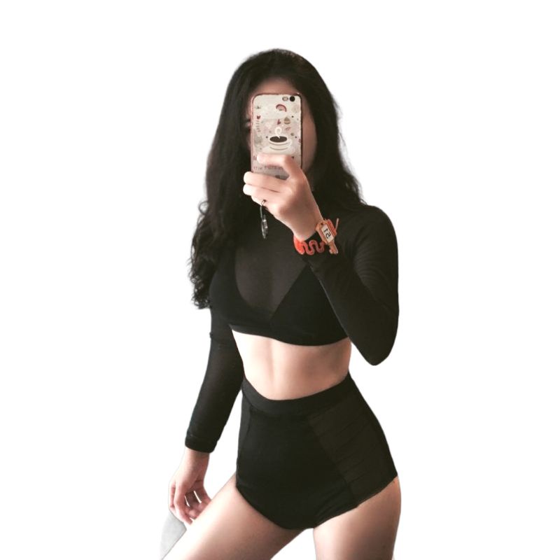 Quần bơi nữ, bikini lẻ cạp cao phối lưới màu đen | BigBuy360 - bigbuy360.vn