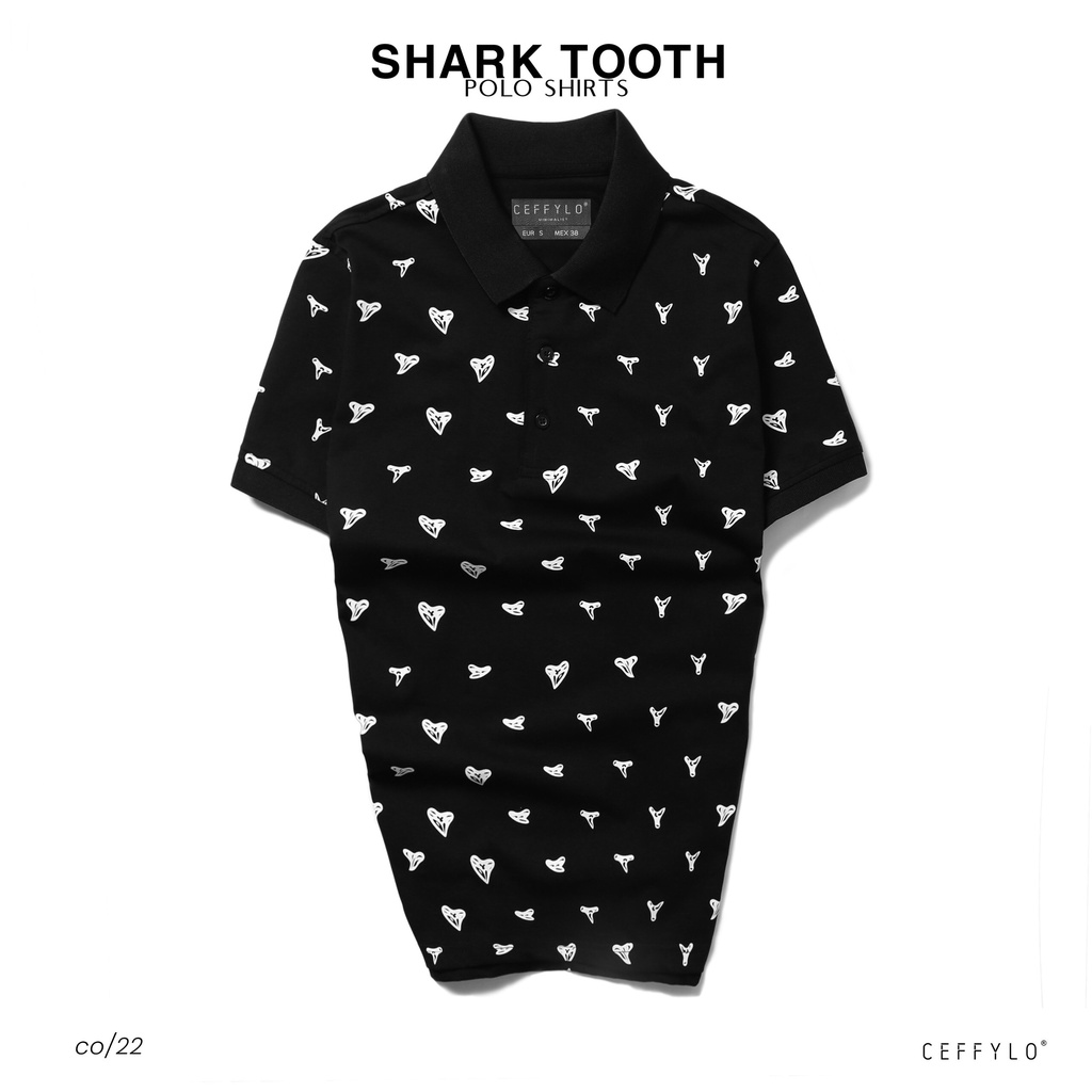 Áo Polo Họa Tiết In Tràn  SHARK TOOTH Màu Đen, Vải Cotton Mềm Mịn, Co Giãn, Thoáng Khí - CEFFYLO