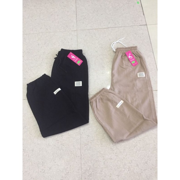 Quần jogger nữ ống rộng dây rút vải đũi mềm mát ống bó - Quần thể thao nữ dài cạp chun gấu màu đen be mặc đi học thể dục
