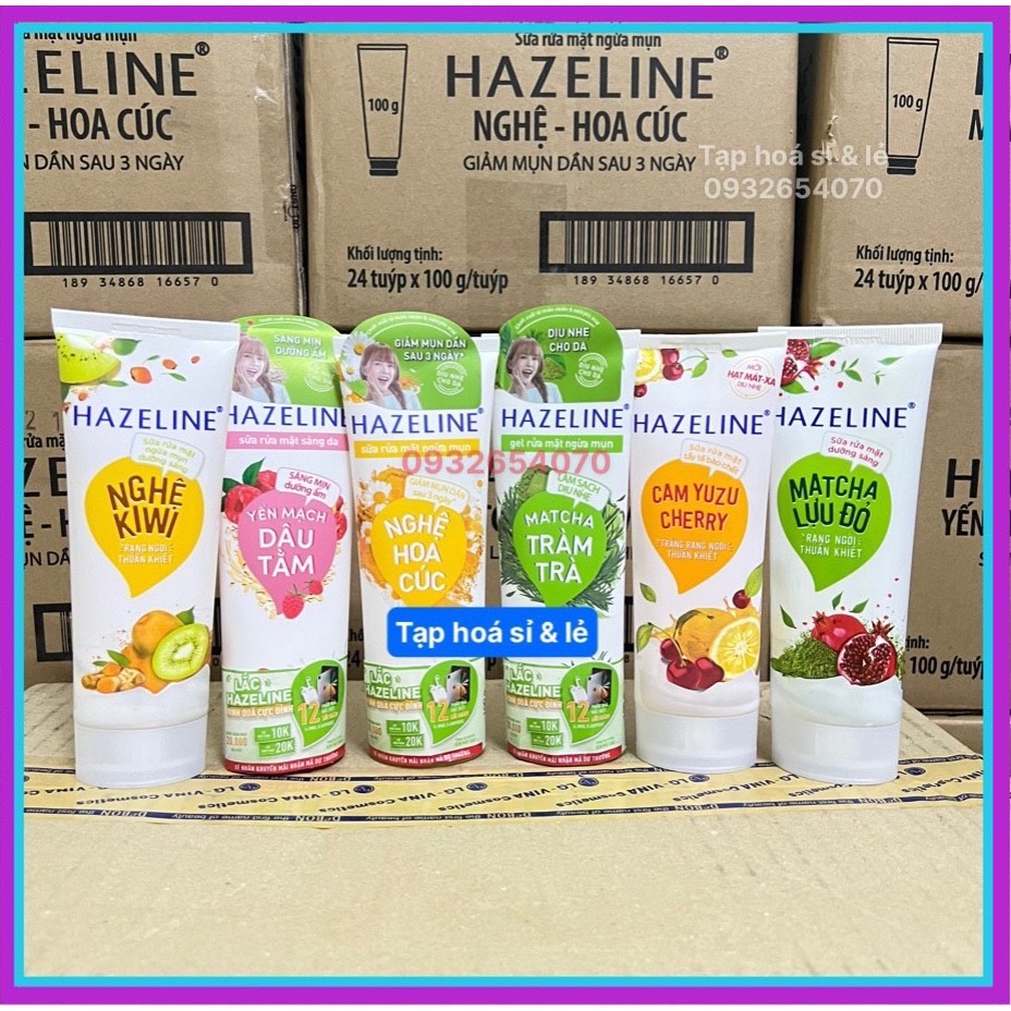 Sữa Rửa Mặt Hazeline Kiwi Nghệ hoa cúc, Matcha lựu đỏ tràm trà , yến mạch dâu tằm 100g