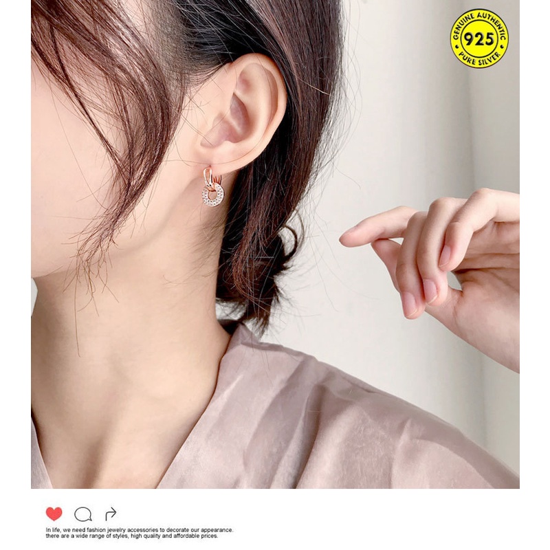 Bông tai tròn nhỏ đính đá toàn diện bằng bạc Sterling cho nữ