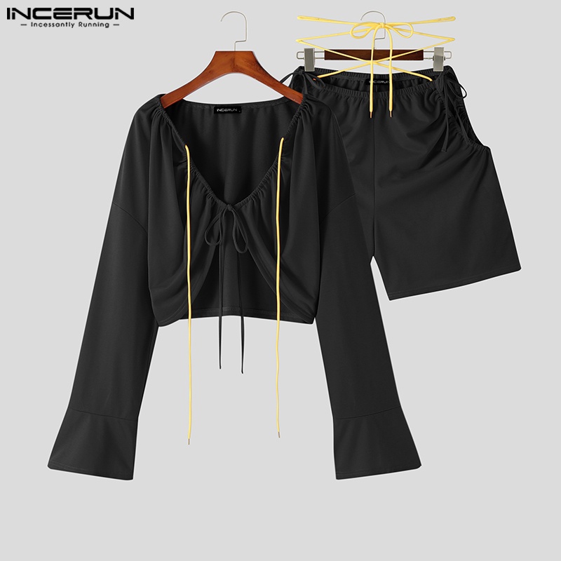 Set áo croptop tay dài + quần short INCERUN dáng rộng thời trang cho nam giới