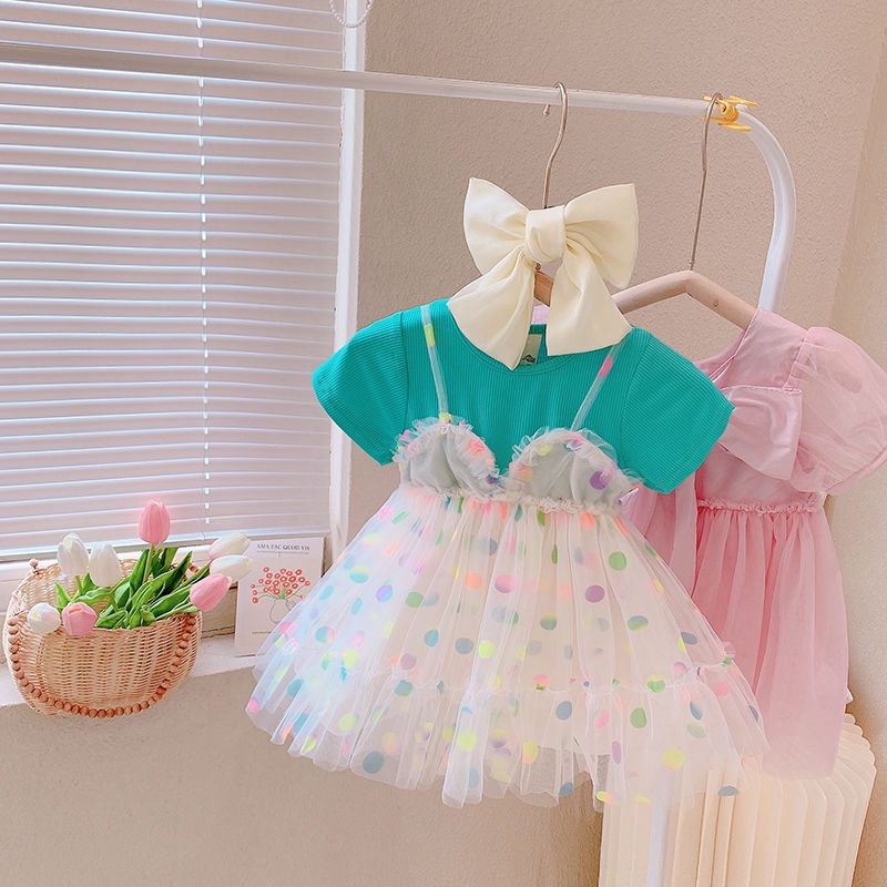 Đầm Công Chúa Giả Hai Lớp Phối Lưới Chấm Bi Thời Trang Mùa Hè Hàn Quốc 2023 Mới Cho Bé