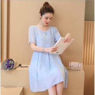 Đầm bầu công sở voan xanh xếp ly