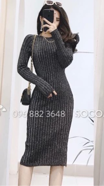 Đầm (váy) len tăm nhũ body cổ tròn (~110cm)