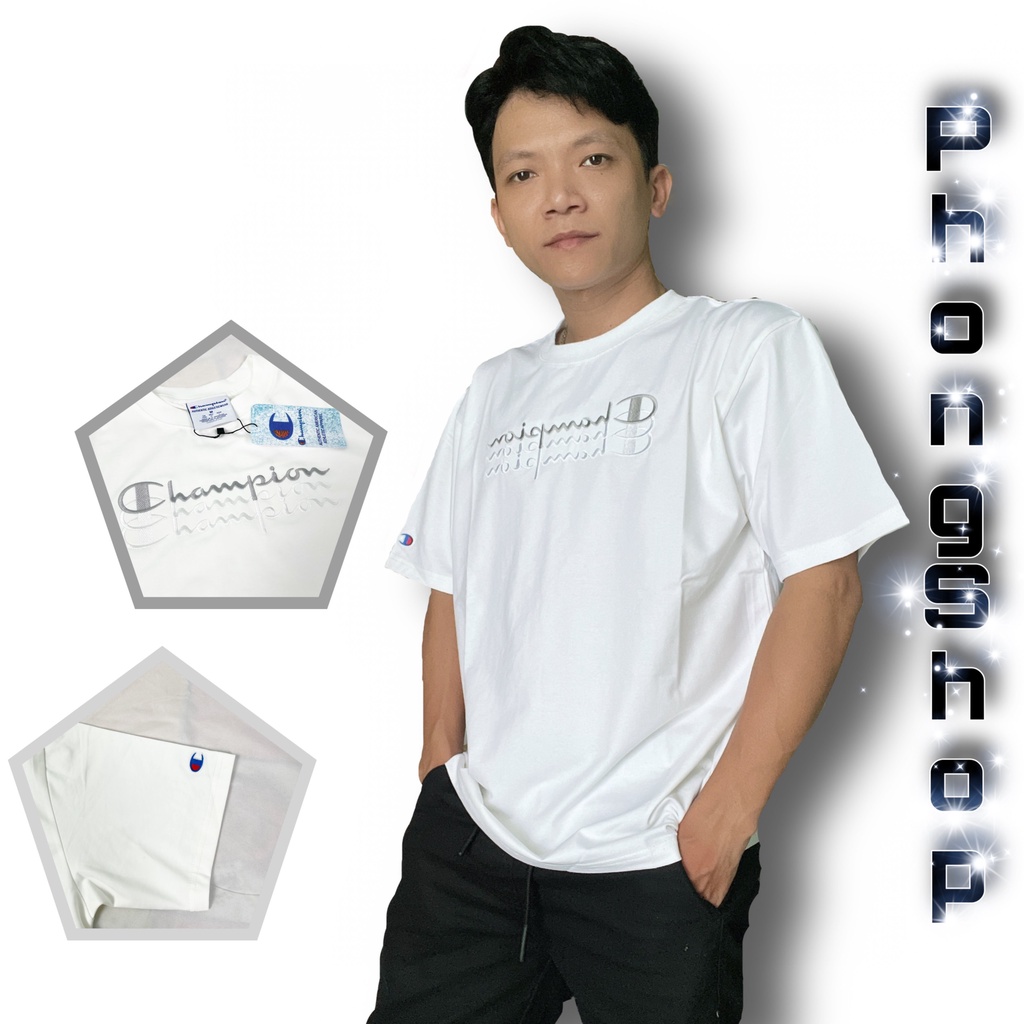 Áo thun Champion Logo thêu 3 line, Áo thun Unisex tay lỡ nam nữ Form rộng Oversize chất Cotton | BigBuy360 - bigbuy360.vn