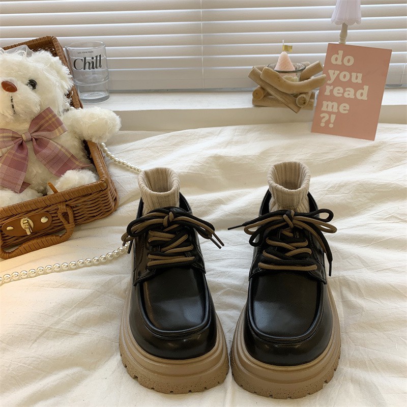 Giày oxford nữ MIL  đốc thời trang kiểu dáng lolita chất da phối dây kÉp đế răng cưa 4 cm màu trắng kem/đen