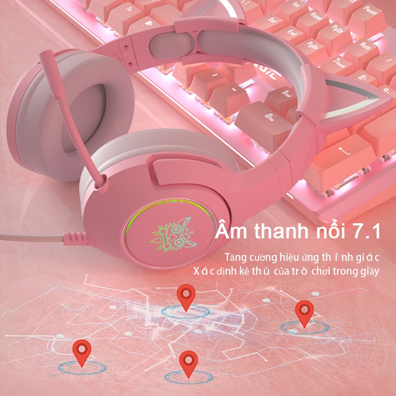 Tai nghe chơi game tai mèo ONIKUMA K9  hồng hiệu ứng âm thanh 7.1 với điện thoại máy tính xách tay giảm tiếng ồn