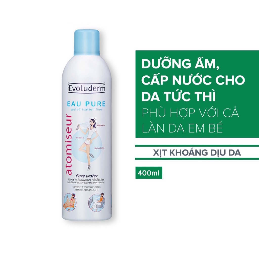 Xịt khoáng Evoluderm Atomiseur Eau Pure 400mL, Xịt Khoáng Tinh Khiết Cấp Ẩm Làm Dịu Da xuất xứ Pháp