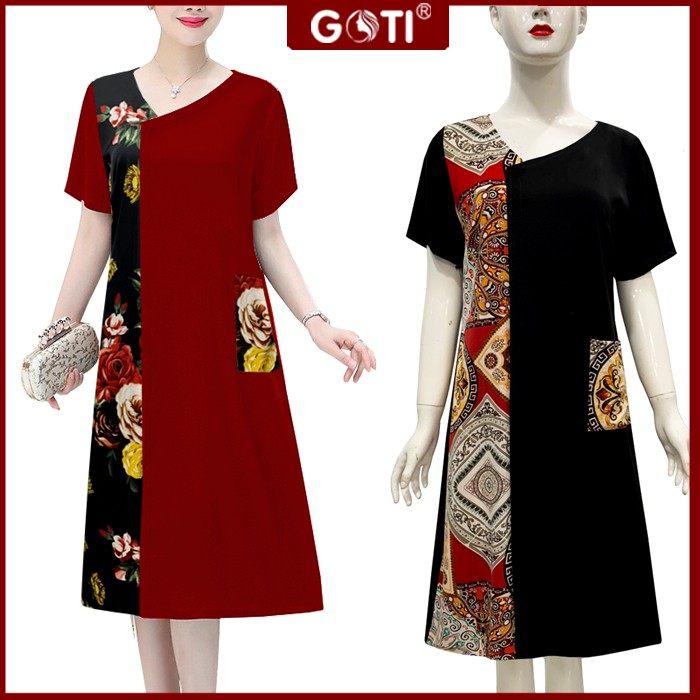 GOTI Đầm trung Niên Dáng Suông Dài Tay Ngắn Form Chữ A  Big Size Cho Mẹ U50 U60 3326 3283