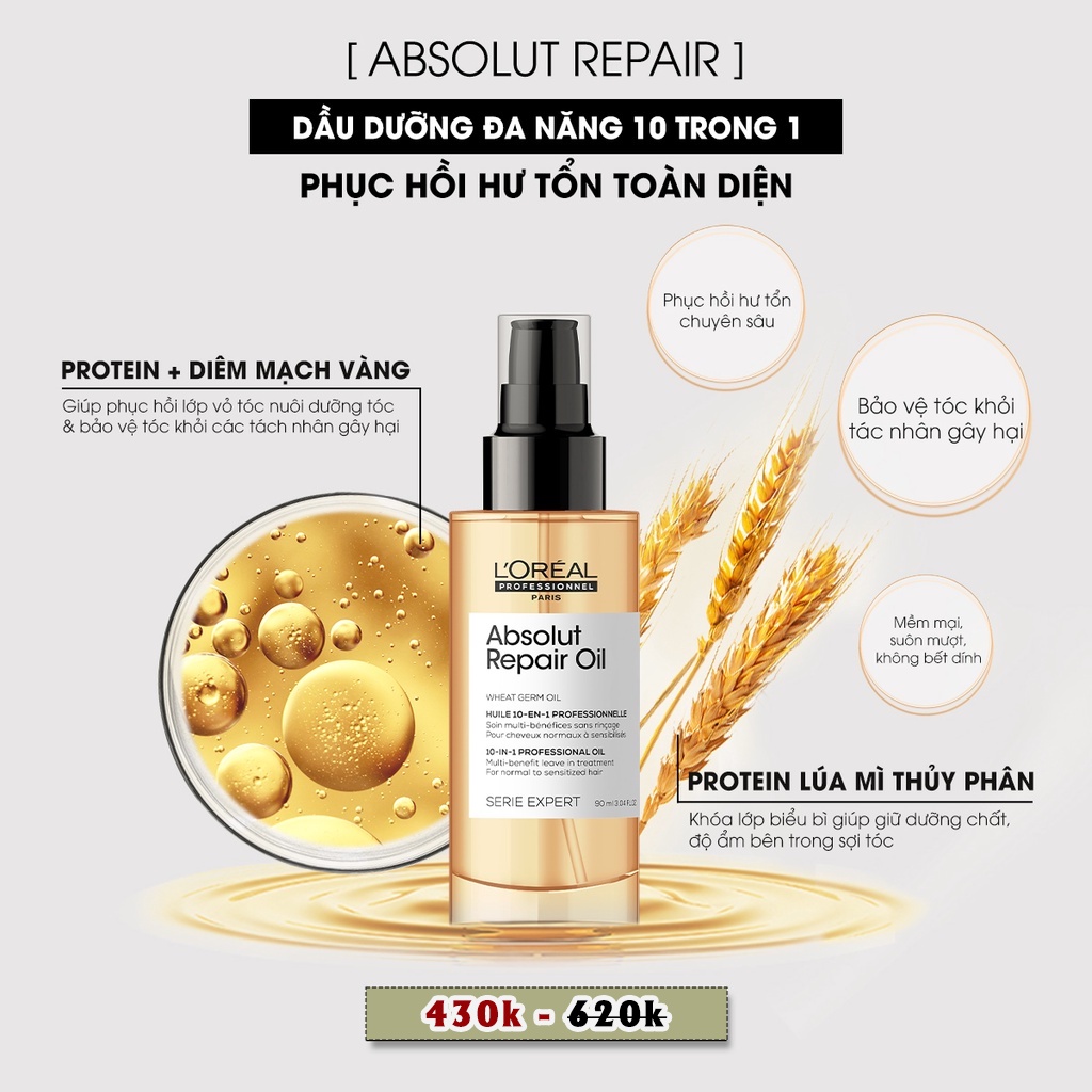 Tinh Dầu 10 Trong 1 L'oreal Absolut Repair Gold Phục Hồi Tóc Toàn Diện 90ml