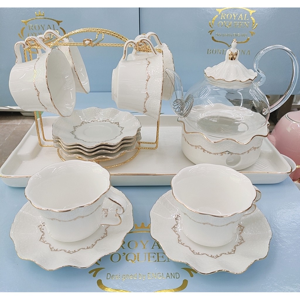 BỘ BÌNH TRÀ  KÈM KHAY VÀ LÓT TÁCH KÈM BẾP CHÂM TRÀ VIỀN VÀNG