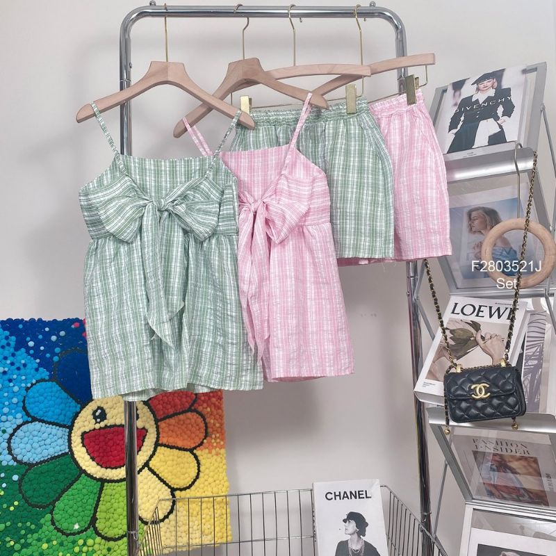 Bộ Áo 2 Dây Quần Short Kẻ Nơ Lưng 🦋 Set Áo Quây Dáng Ngắn Kèm Quần Đùi Ống Rộng 2 Màu 🦋