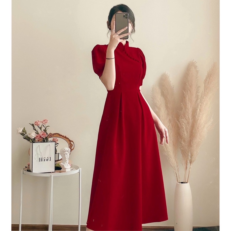 Đầm dự tiệc phối nút bọc cổ cách điệu